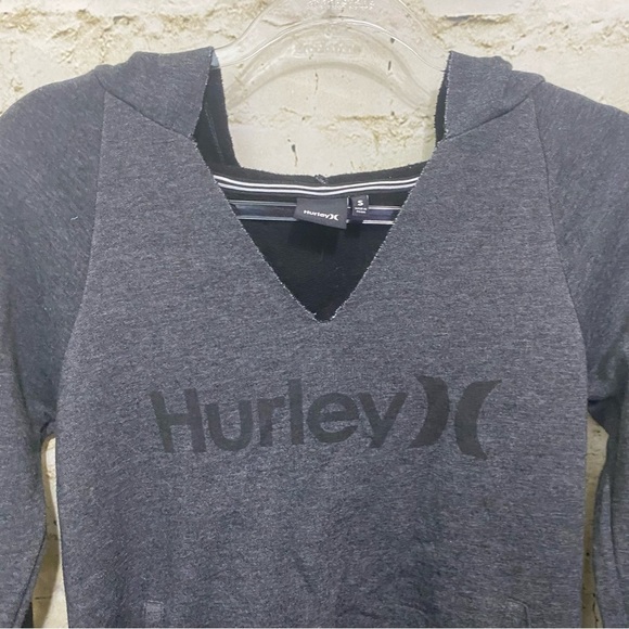Hurley Gray Black Raw Hem V Neck Hoodie Sweatshirt - Picture 3 of 6